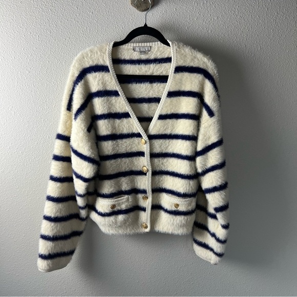 J.Crew Sweater Lady Jacket Striped Brushed Yarn Warm Sesame Indigo Preppy Medium - Picture 3 of 14